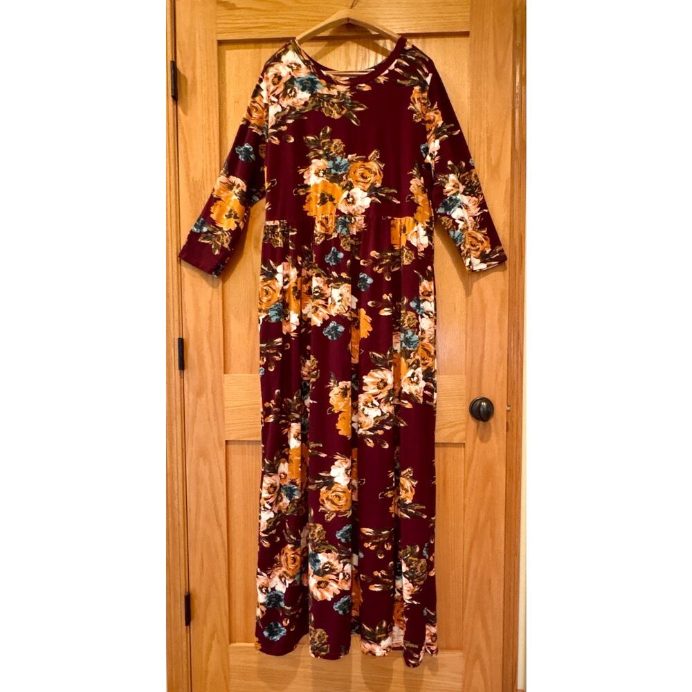 Plus Size Floral Maxi Dress Size 4X Maroon Boho Flowy Stretch Comfy Dressy